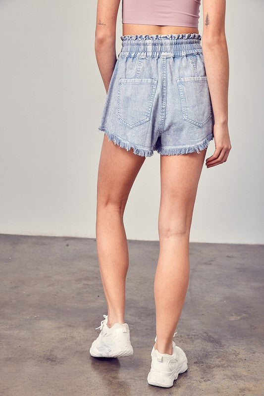 Wide Waistband Destroyed Frayed Denim Shorts