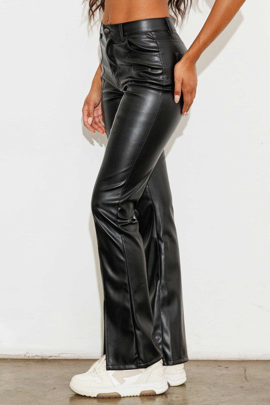 Vegan Leather Front Slit Bootcut Pants