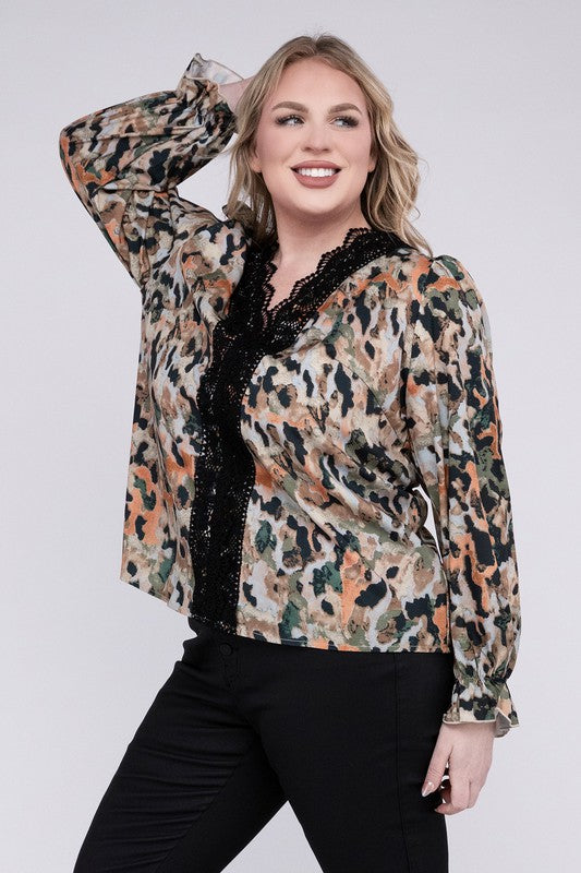 Floral Print Lace Trim Blouse