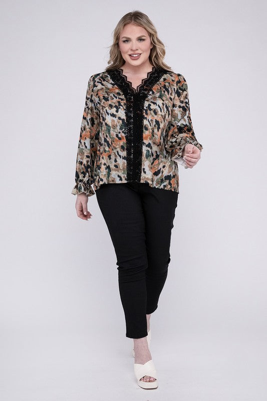 Floral Print Lace Trim Blouse