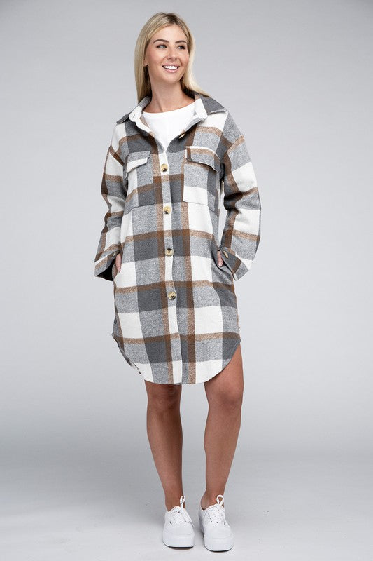 Plaid Flap Pocket Drop Shoulder Shirt