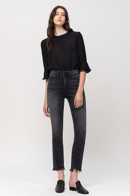 High Rise Straight Crop Jeans with Uneven Hem Details