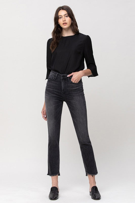 High Rise Straight Crop Jeans with Uneven Hem Details