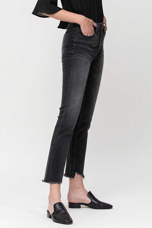 High Rise Straight Crop Jeans with Uneven Hem Details