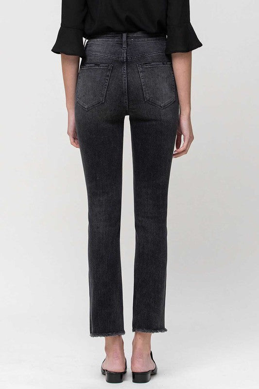 High Rise Straight Crop Jeans with Uneven Hem Details