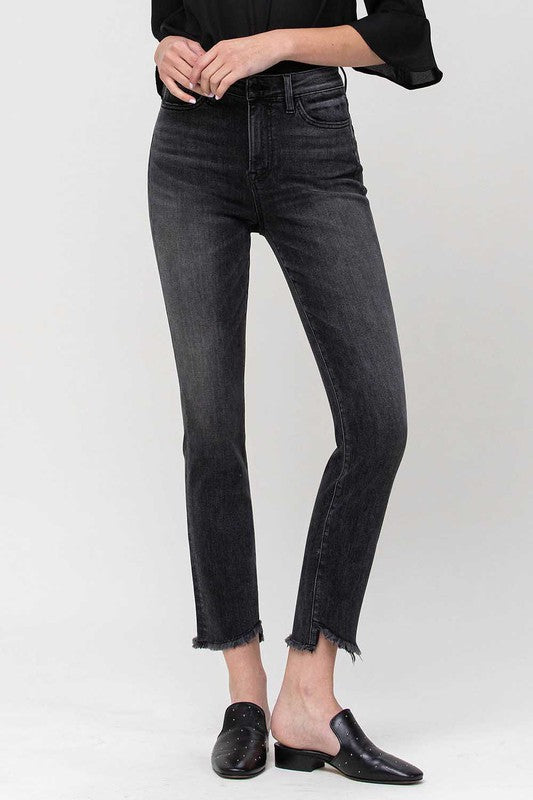 High Rise Straight Crop Jeans with Uneven Hem Details