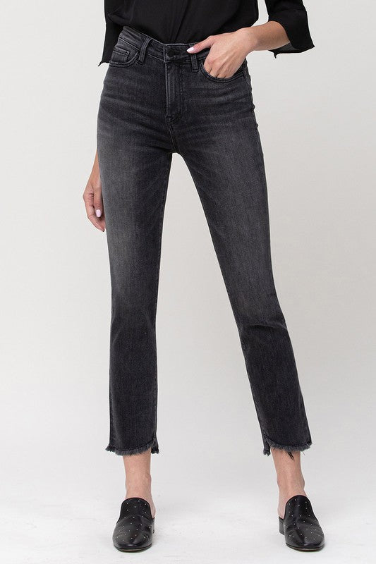 High Rise Straight Crop Jeans with Uneven Hem Details