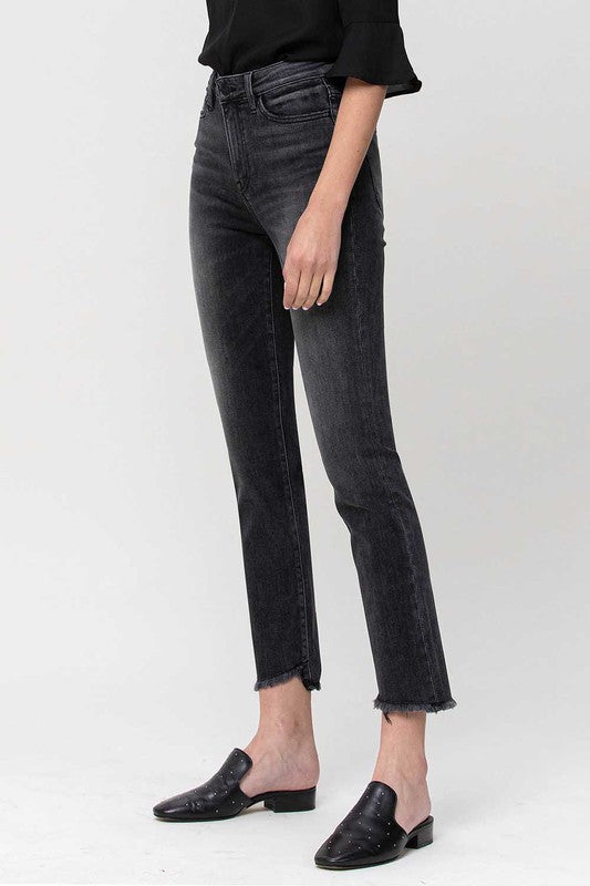 High Rise Straight Crop Jeans with Uneven Hem Details