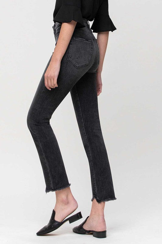 High Rise Straight Crop Jeans with Uneven Hem Details