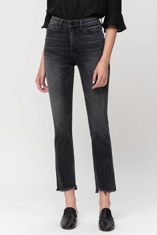 High Rise Straight Crop Jeans with Uneven Hem Details