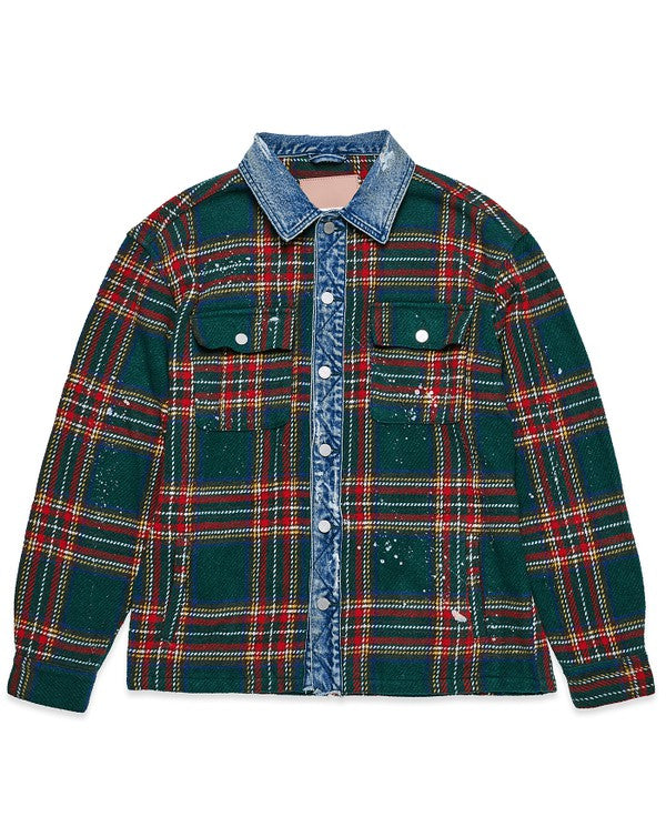 Flannel Shacket With Denim Contrast