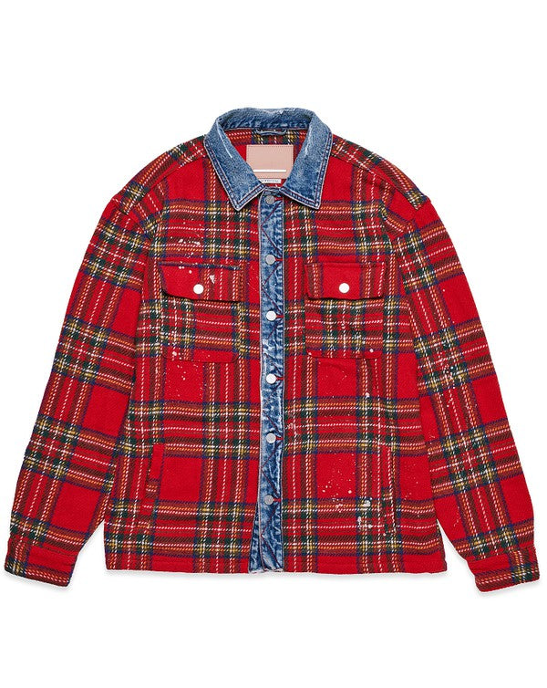 Flannel Shacket With Denim Contrast