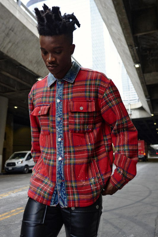 Flannel Shacket With Denim Contrast