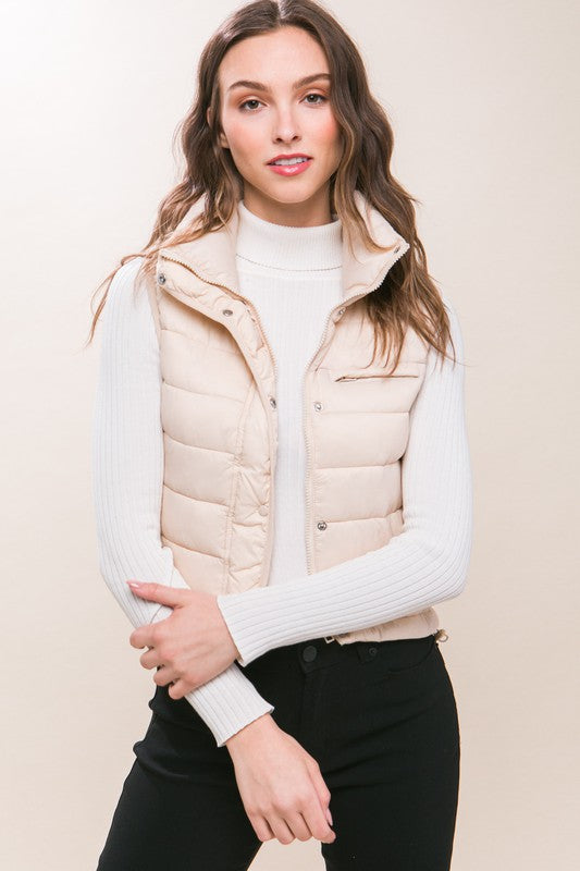 High Neck Zip Up Puffer Vest with Storage Pouch