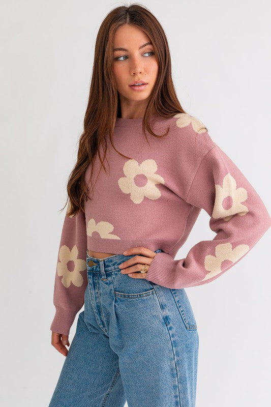 Long Sleeve Crop Sweater with Daisy Pattern