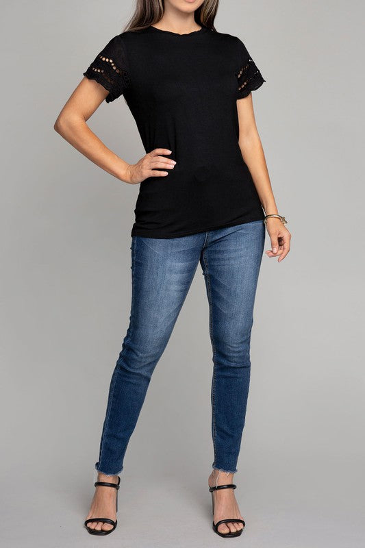 Embroidered eyelet sleeve tee