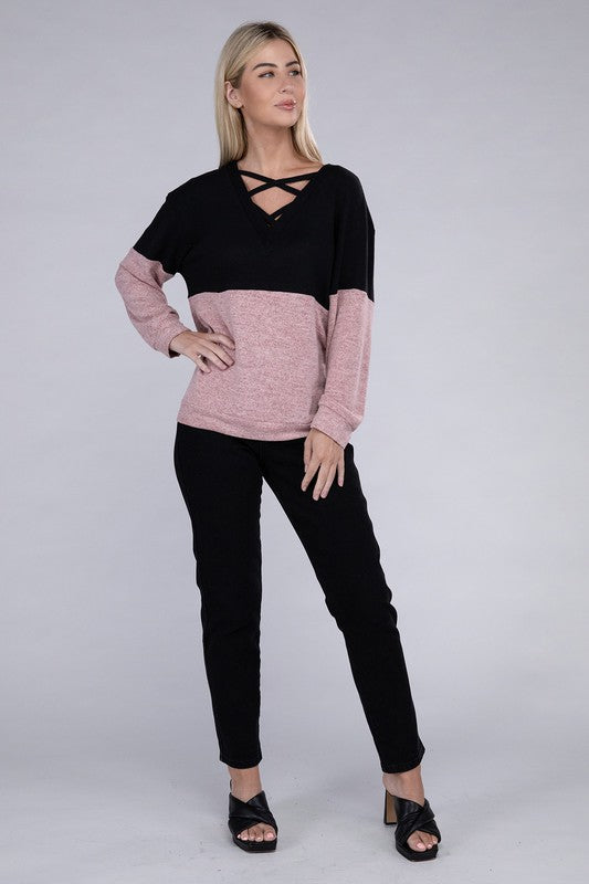 Lace Up V Neck Long Sleeve Top