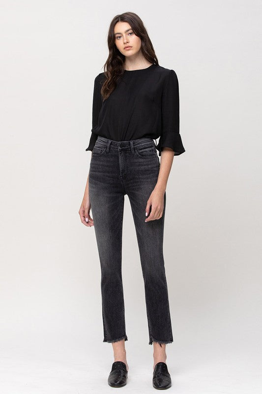 High Rise Straight Crop Jeans with Uneven Hem Details