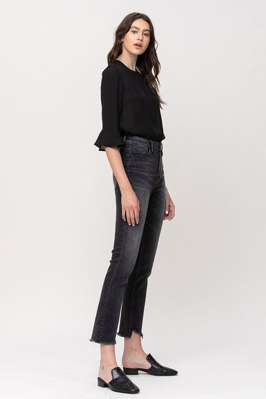 High Rise Straight Crop Jeans with Uneven Hem Details