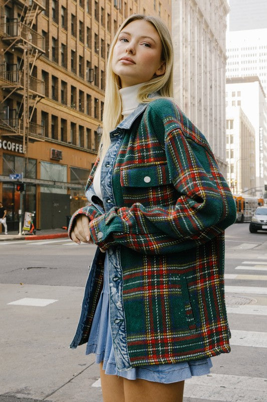 Flannel Shacket With Denim Contrast