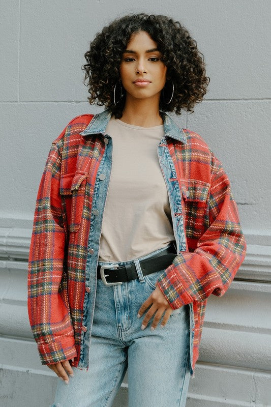 Flannel Shacket With Denim Contrast